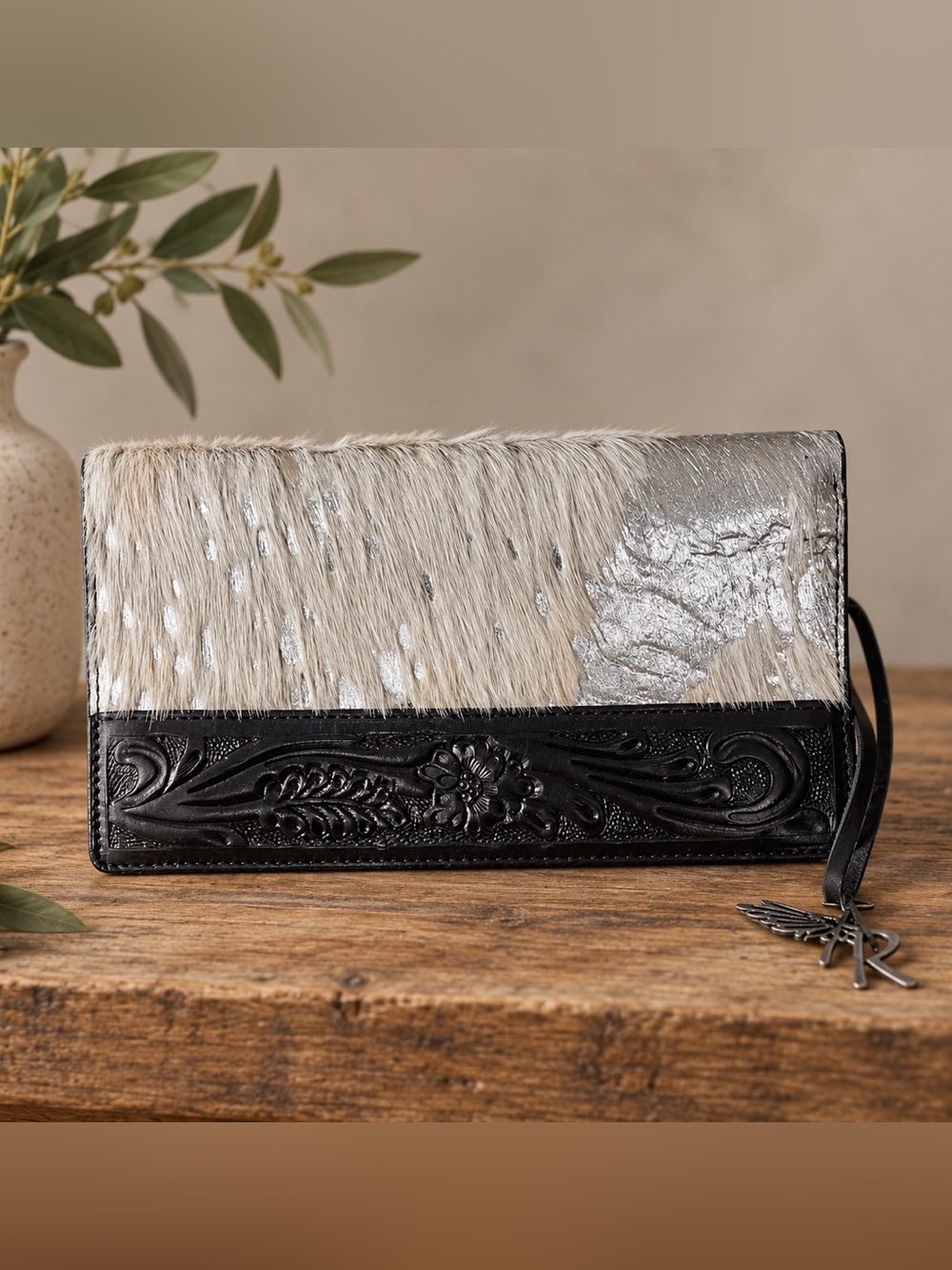 Angel Ranch Women's Wallet Tooled Leather Foil Western  Alice Black Clutch 7.5"